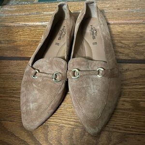 Suede Pointed Loafers with Gold Hardware — Tan